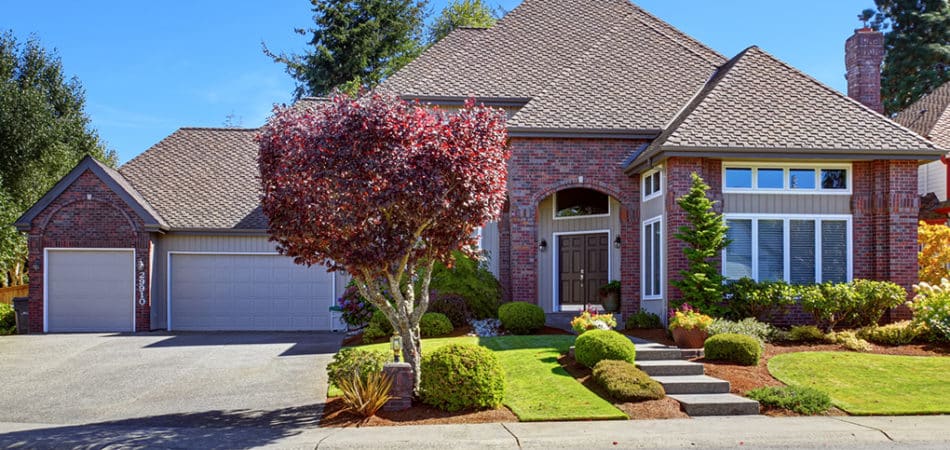 a house with a driveway, wide and clean landscape and a tree